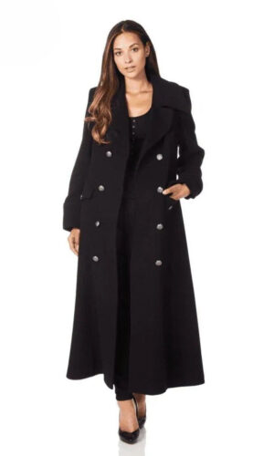 Wool Blend Double Breasted Maxi Coat (2004-WOOL) Black