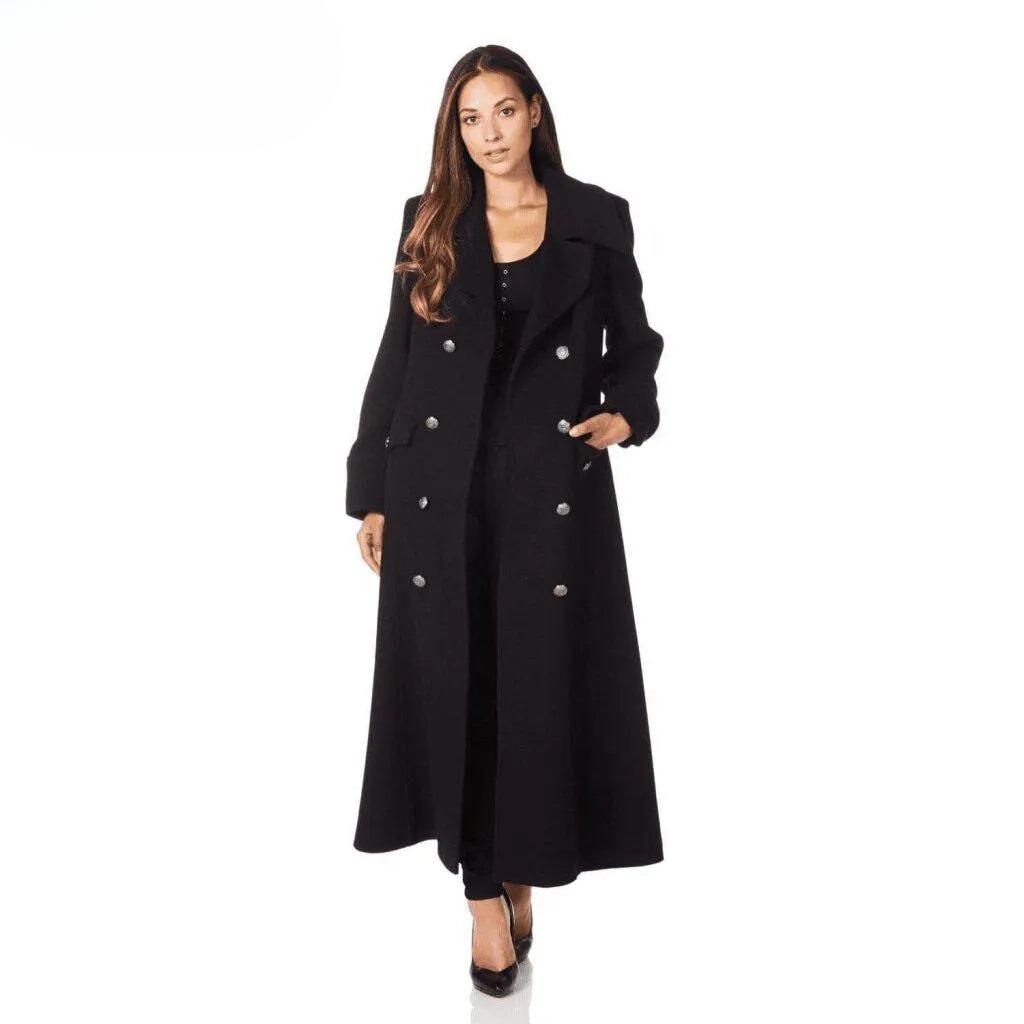 Wool Blend Double Breasted Maxi Coat (2004-WOOL) Black